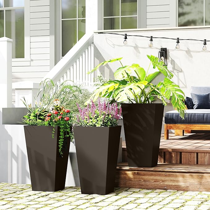 Outsunny Tall Planters for Outdoor Plants Set of 3, 28 in Taper Planters with Drainage Holes, Indoor Grande Plant Pots, Front Porch Decor, Brown-Ruum Studio Home