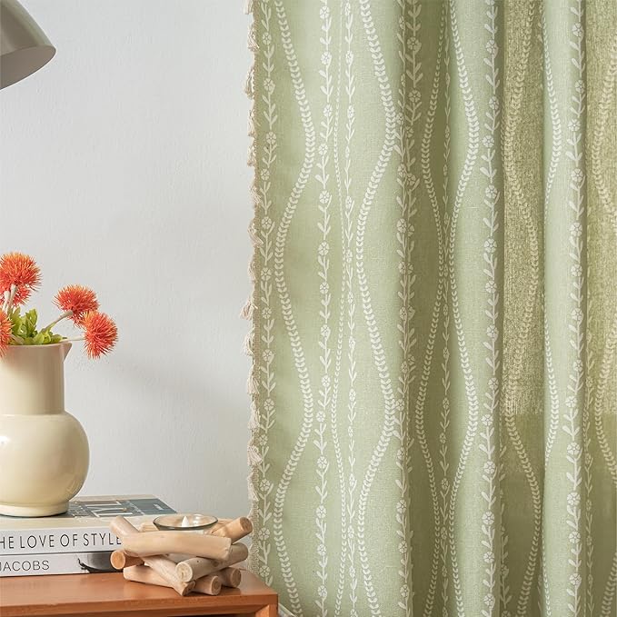 Sutuo Home Green Boho Curtains 84 Inches Long for Bedroom Living Room Dining Room, Bohemian Stripe Floral Vintage Tassels Window Treatment Drape for Easter Decor Rod Pocket, 1 Panel 59" W x 84" L-Ruum Studio Home