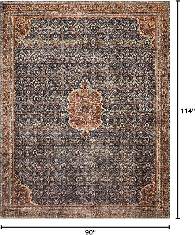 Loloi Layla Collection LAY-09 Cobalt Blue/Spice 7'-6" x 9'-6" .13" Thick Area Rug, Soft, Durable, Vintage Inspired, Distressed, Low Pile, Non-Shedding, Easy Clean, Printed, Living Room Rug-Ruum Studio Home