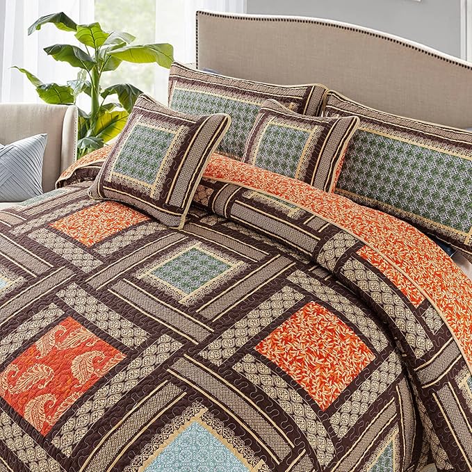 NEWLAKE Cotton Patchwork Bedspread, 3-Piece Bedding Quilt Set with Real Stitched Embroidery, Reversible Matelasse Bed Coverlet Set,Bohemian Farmhouse,Queen Size-Ruum Studio Home