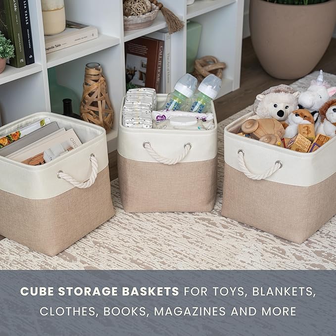 OrganiHaus 12x12 Cube Storage Bins 4 Pack, Foldable Cube Storage Organizer w/ Rope Handles, Collapsible Fabric Bins for Toys, Clothes & Closet Organization, Fabric Square Baskets - Beige/White-Ruum Studio Home