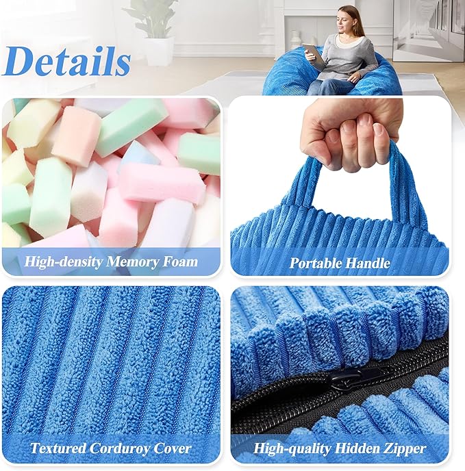 3.5FT Bean Bag Chairs Teardrop Bean Bag Chair for Adults Beanbag Chair with Memory Foam Filled Machine Washable Cover for Living Room, Bedroom (Large,Blue)-Ruum Studio Home