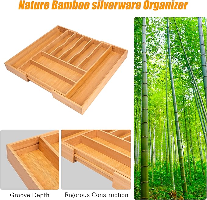 Bellsal Large Premium Bamboo Silverware Organizer - Expandable Utensil Drawer Organizer - 17"x19.6" Utensil Holder and Cutlery Tray with Grooved for Kitchen Flatware and Utensils Mother's Day Gift-Ruum Studio Home