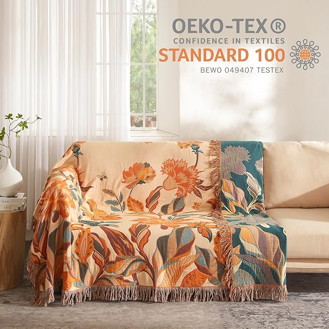 Boho Throw Blanket for Bed 80”x90”, 100% Cotton Woven Blanket for Couch Sofa, Ultra Soft 4-Layer Muslin Quilt with Floral Printed, Farmhouse Bed Blanket/Cover for Living Room Decor-Ruum Studio Home