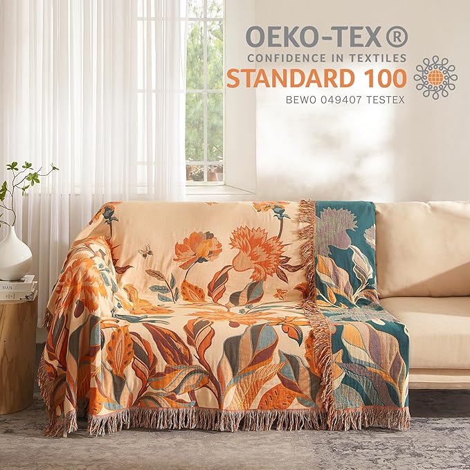 Boho Throw Blanket for Bed 90”x98”, 100% Cotton Woven Blanket for Couch Sofa, Ultra Soft 4-Layer Muslin Quilt with Floral Printed, Farmhouse Bed Blanket/Cover for Living Room Decor-Ruum Studio Home