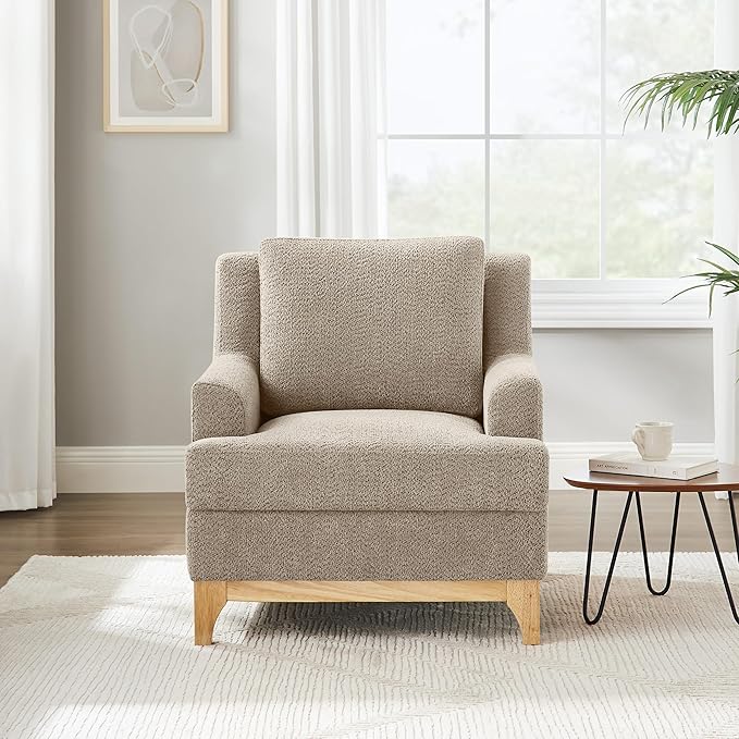Oversized Accent Chair, Modern Boucle Armchair with Wood Legs, Modern Reading Chair with Thick Cushion, Comfy Chairs for Living Rooms, Bedrooms, Reading nooks and Apartments-Ruum Studio Home