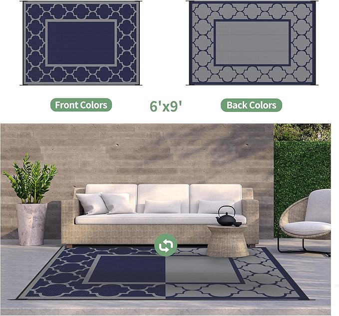 GENIMO 6' x 9' Outdoor Rug Waterproof for Patio Decor, Foldable Reversible Plastic Straw Area Rugs Mat for Camper, Outside Carpet for Rv, Deck, Porch, Picnic, Beach, Balcony, Blue & Grey-Ruum Studio Home