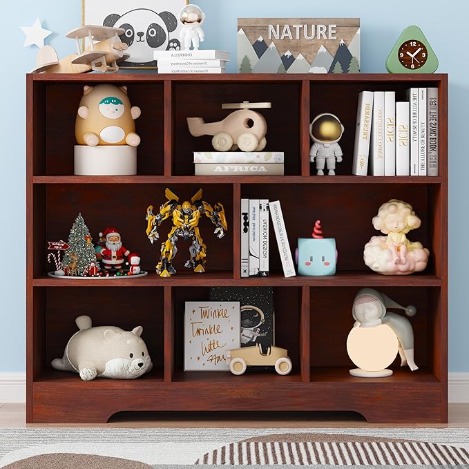 Book Shelf Set of 2, 8 Cubes Storage Organizer, 3-Tier Open Bookshelf Wooden Bookcase, Freestanding Cherry Bookshelf Cube Shelf for Living Room-Ruum Studio Home