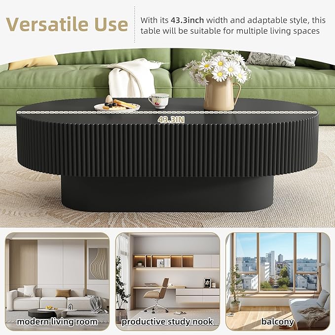 43.3" Oval Fluted Coffee Table Modern Elegant Drum End Table, Minimalist Center Table 7.8" Thick Tabletop with Sturdy Base for Living Room, Bedroom, Apartment,Easy Assembly, Black-Ruum Studio Home