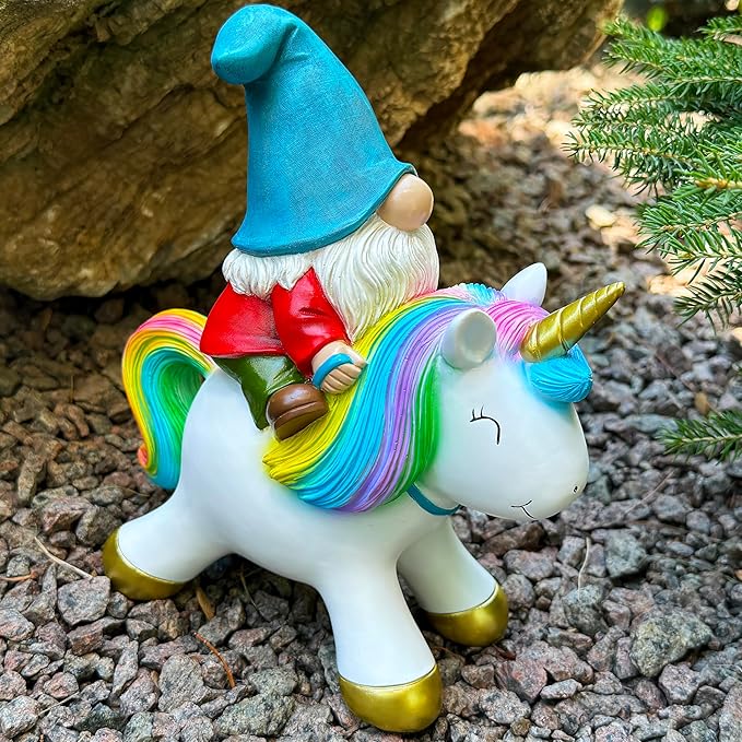 Mood Lab Garden Gnome Statue - Garden Gnome Riding Unicorn - 8.3 Inch Tall Lawn Figurine - for Outdoor or House Decor - Funny Yard & Patio Decoration-Ruum Studio Home