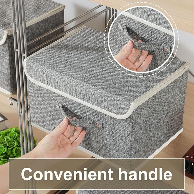 Storage Boxes, Collapsible Storage Bins with Lids, Cotton and linen cloth Storage Baskets with Handle, for Books, Closet, Bedroom, Home, 13x9.1x7.9 in, Grey-Ruum Studio Home