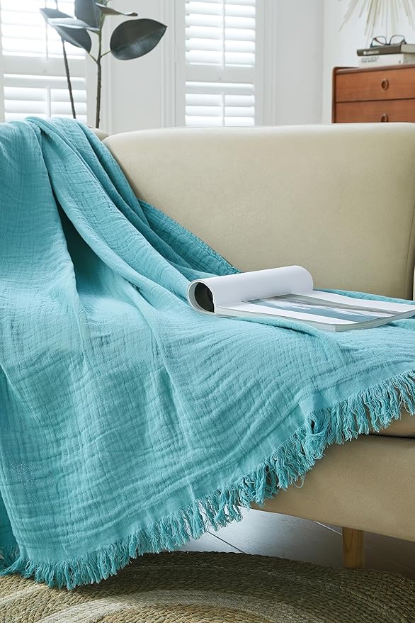 100% Cotton Muslin Throw Blanket for Bed, Couch, Small, Decorative, Soft, Pre-Washed, Breathable and Lightweight Gauze Blanket with Fringes, Suitable for All Seasons, Teal, 50"x60"-Ruum Studio Home