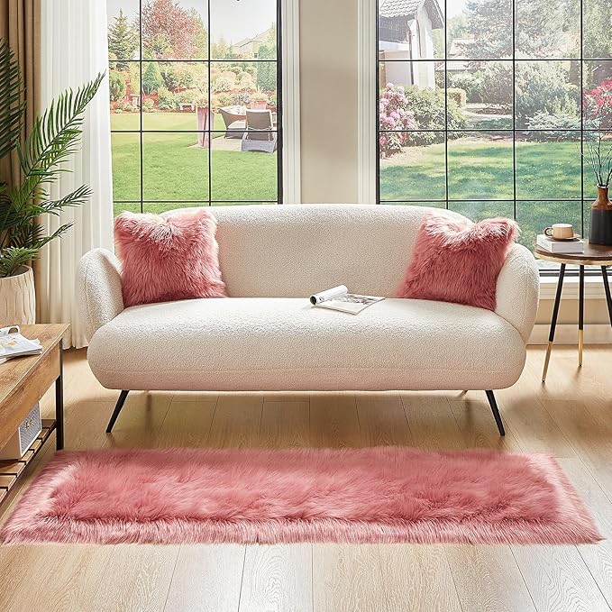 AMTOVO Faux Fur Rug, Blush Pink Ultra Soft Fluffy Shag Sheepskin Rug, 2 x 6 ft Runner Area Rugs for Bedroom Sofa Throw Cushion Room Decor, Rectangle-Ruum Studio Home