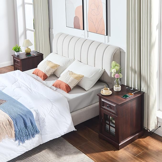 Farmhouse XXL End Table with Charging Station, Side Table with USB Ports and Outlets, Nightstand with Drawer and Glass Door Storage, Cherry Bedside Tables for Living Room, Bedroom, Office-Ruum Studio Home