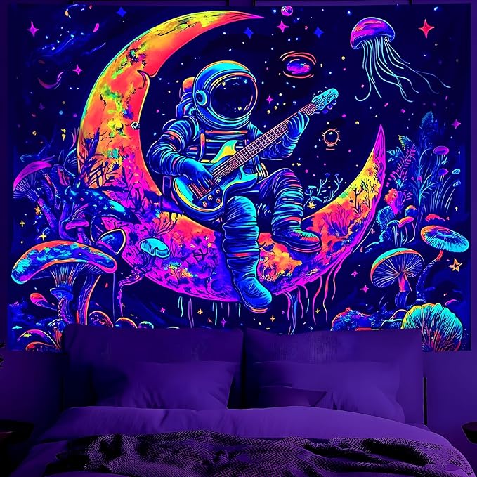 BVBOX Astronaut Space Blacklight Tapestry 79"x59", UV Reactive Astronaut Guitar Moon Universe Galaxy Planet Glow in Dark Music Tapestries, Black Light Neon Upright Poster Wall Hanging Backdrop Decor for Bedroom Living Room-Ruum Studio Home