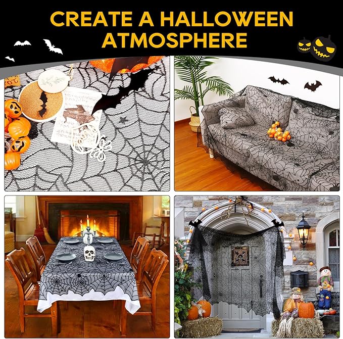 eZAKKA Halloween Table Cloth, 54" x 72" Spider Webs Tablecloths Black Tablecloth Lace Fabric Table Cloths Spooky Cover-Ruum Studio Home