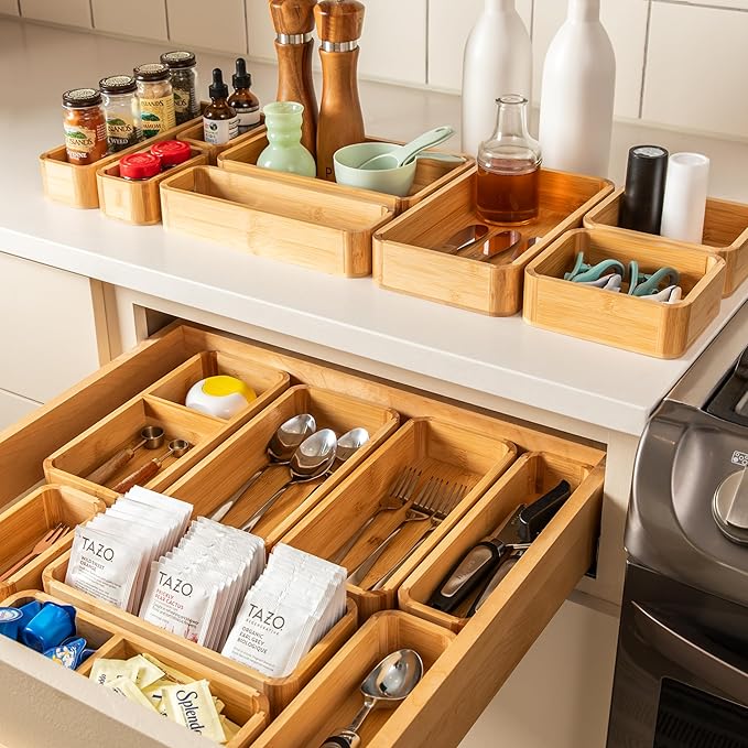 SMIRLY 3-Piece Bamboo Kitchen Drawer Organizer Set for Large and Small Utensils, Multi-use Storage Box - Bathroom, Nightstand, Jewelry, Cutlery, Knife, Spice, Towel, Junk Drawer Tray-Ruum Studio Home