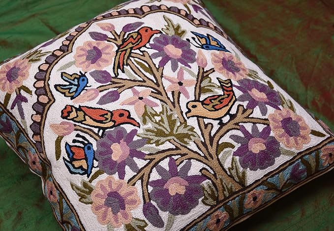 Tree of Life Pillow Cover Lavender Floral Pillowcase Botanical Flower Pillows Plants Farmhouse Traditional Chair Cushions Needlepoint Hand Embroidered Wool Size - 18x18-Ruum Studio Home