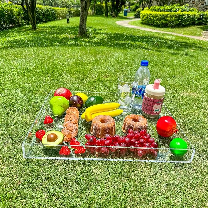 Clear Rectangular 16x20 Inches Acrylic Ottoman Tray Decorative Serving Tray with Cutout Handles Organizer Tray on Coffee Table Countertop Big Breakfast Bed Tray Living Room Appetizer Serving Food-Ruum Studio Home