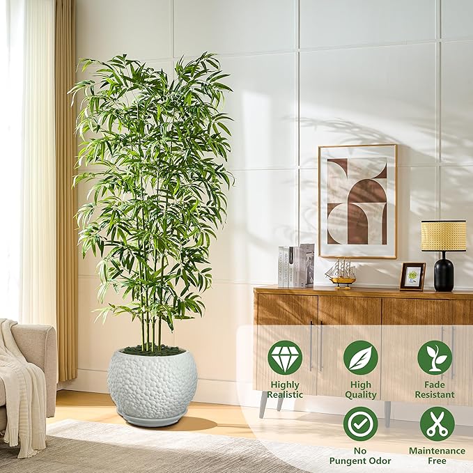 Artificial Tree Fake Plants, Artificial Bamboo Tree 7FT Tall in White Potted, Artificial Tree Indoor Decor Bamboo Silk Tree with Natural Wood Trunk, for Home Office Living Room Modern-Ruum Studio Home