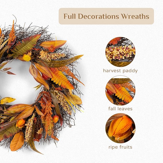 Fall Wreath for Thanksgiving Decorations 24inch - Walasis Large Wheat Wreaths for Front Door - Harvest Grain Gold Autumn Wall Decor for Indoor Outdoor-Ruum Studio Home