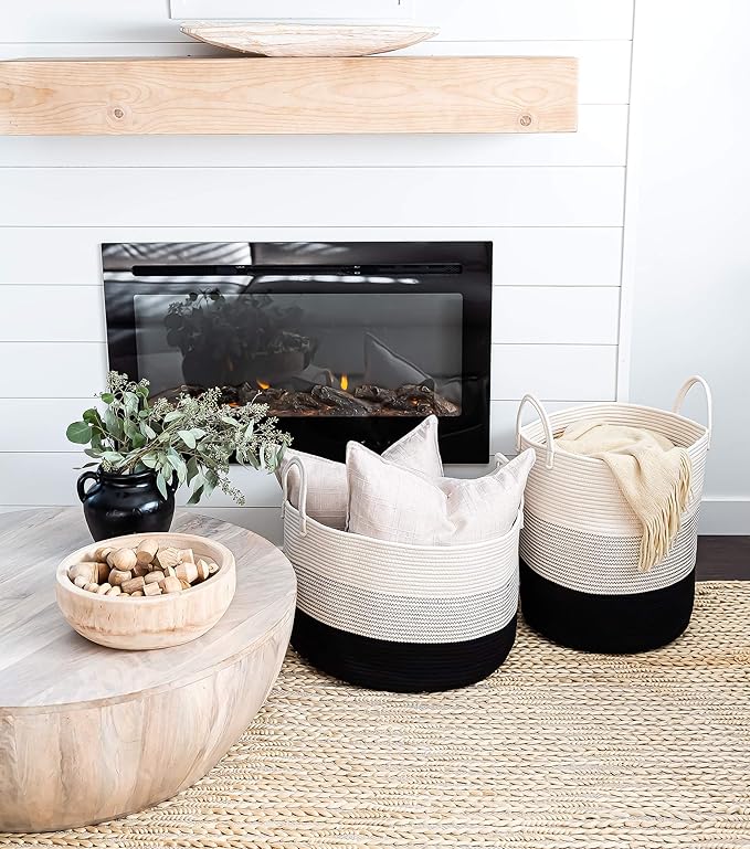 OrganiHaus Black & White Blanket Storage Basket for Living Room 15x18, Woven Nursery Hamper Basket, Large Toy Basket Storage for Kids, Laundry Hamper, Baby Laundry Basket, Cute Cotton Rope Basket-Ruum Studio Home