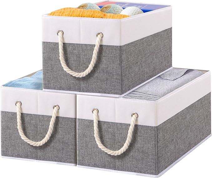 Yawinhe Foldable Storage Basket 3-Pack, Large Fabric Bins with Rope Handle, Used for Organizing Shelves, Closets, Clothes, 12.99''Lx9.05''Wx7.87''H, White/Grey-Ruum Studio Home