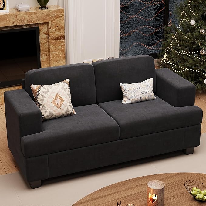 Sofa, 63” Comfy Loveseat Sofa with Deep Seats, Couch for Living Room, Modern Sleeper Couch, Dark Grey Chenille-Ruum Studio Home