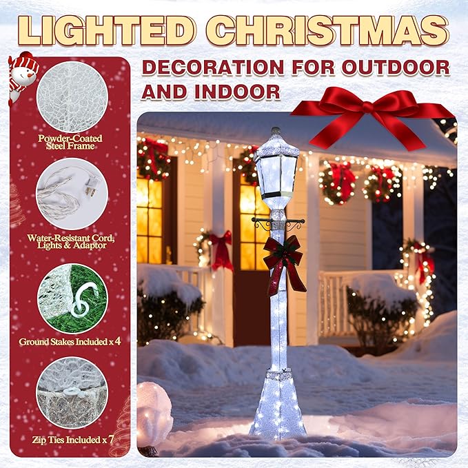 6FT Lighted Freestanding Lamp Post for Christmas Decoration, Pre-Lit Iridescent Post Lamp with 120 LED Lights & Removable Bow, Outdoor 3D Glittered Standing Festival Display, White-Ruum Studio Home