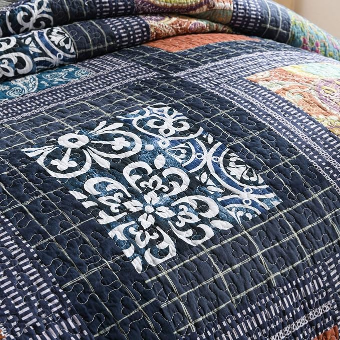 NEWLAKE Bedspread Quilt Set with Real Stitched Embroidery, Paisley Grid Pattern,Queen Size-Ruum Studio Home