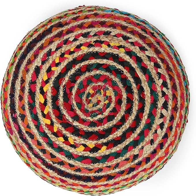REDEARTH Round Pouf Ottoman - Braided Boho Poof Home Décor Pouffe Accent Sitting Circular Foot Rest for Living Room, Bedroom, Nursery, Kidsroom, Lounge; Jute and Cotton (19.5"x19.5"x14"; Multi)-Ruum Studio Home
