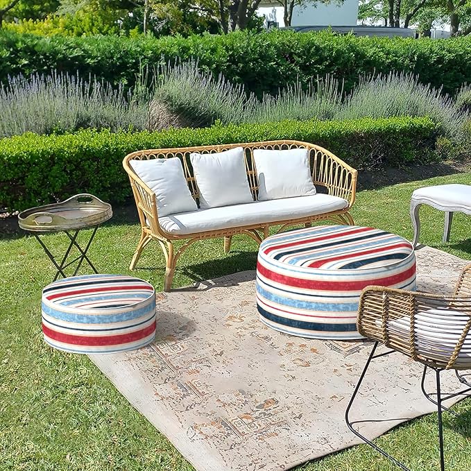 LVTXIII Outdoor Inflatable Ottoman, Fade-Resistant Round Footrest Stool D31”x H14”, Portable Patio Pouf for Garden Camping or Home Use, Stripe Red Blue-Ruum Studio Home