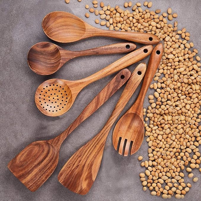 Wooden Kitchen Utensils Set,GUDAMAYE 6 PCE Wooden Spoons for Cooking,Wooden Cooking Utensils,Natural Teak Wooden Spoons For Non-stick Pan-Ruum Studio Home