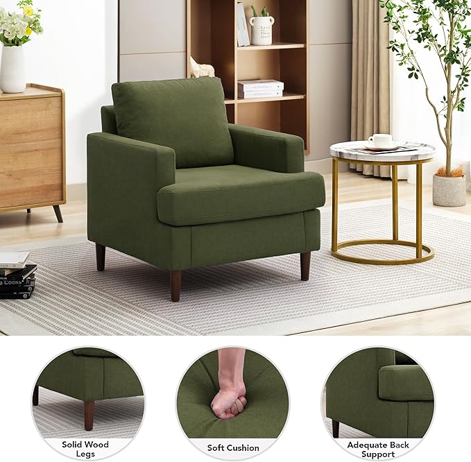 Mid-Century Accent Chair,Modern Linen Fabric Armchair for Living Room,Comfy Upholstered Reading Accent Chairs for Bedroom,Single Sofa Chair with Wood Legs (Green, 1 Pack)-Ruum Studio Home