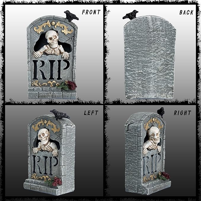 Halloween Decoration Indoor 7.6″ Tombstone Statue with LED Lights Spooky Skull Head Gravestone Skeleton RIP Lighting Changes Halloween Village for Table Shelf Home Party Outdoor Decor Gifts-Ruum Studio Home