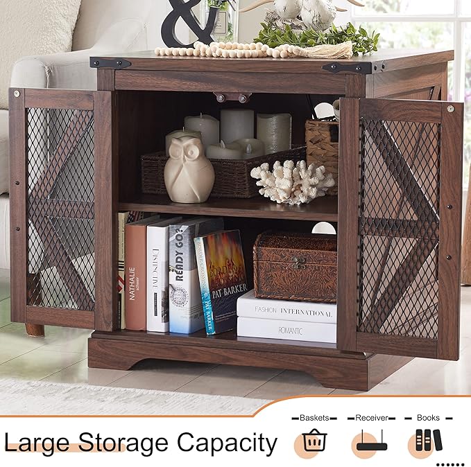 JXQTLINGMU Farmhouse End Table, 24" Large Sofa Side Table with Charging Station, Mesh Barn Door, and Adjustable Storage Shelf, Rustic Wood Square Nightstand for Living Room, Bedroom, Office, Brown-Ruum Studio Home