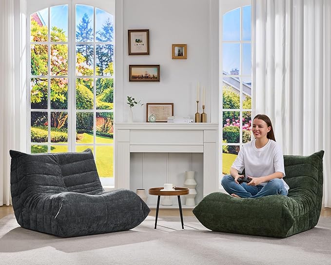 Bean Bag Chairs for Adults Giant Bean Bag Chair Memory Foam BeanBag Chair Big Bean Bag Sofa with Filler Faux Fur Fireside Beanbags Lazy Sofa for Living Room Bedroom Dorm Office (Green Chenille)-Ruum Studio Home