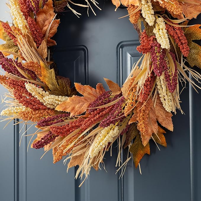 Glitzhome 24" D Fall Sorghum Wreath with Metal Hanger, Harvest Wreath for Front Door, Fall Door Wreaths for Indoor Outdoor Thanksgiving Harvest Holiday Decorations-Ruum Studio Home