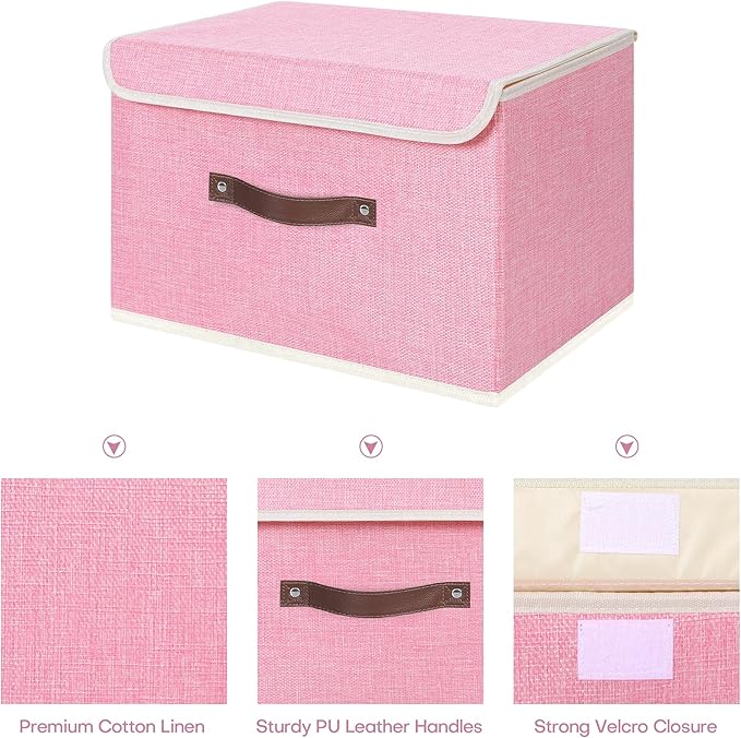 ANMINY Storage Bin with Lid Storage Boxes with PU Leather Handles PP Plastic Board Decorative Foldable Lidded Cotton Linen Fabric Home Cubes Baskets Closet Organizer Container - Pink, Large Size-Ruum Studio Home