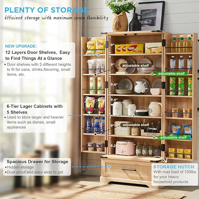 72" Tall Rattan Kitchen Pantry Cabinet with Drawer, Boho Storage Cabinet with 2 Rattan Doors and Shelves, Versatile Large Cabinet for Dining Room, Bathroom, Living Room, Laudry, Natural Oak-Ruum Studio Home