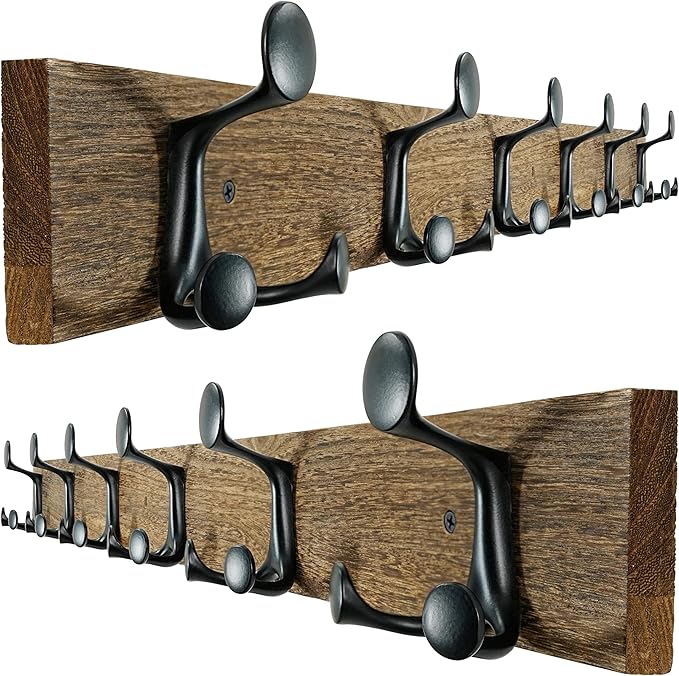 SKOLOO 39-Inch Wood Burnt Coat Rack Wall Mount with 6 Triple Hooks - Ideal for Family Entrances, Classrooms, and Pet Supplies Storage - Perfect Coat Hooks for Wall, Pack of 2-Ruum Studio Home