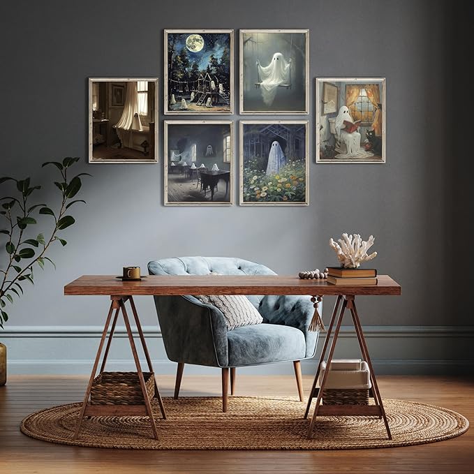 LANCHI95 6 Pcs 8x10in Halloween Wall Art Prints, Vintage Posters, Cute Ghost Pictures for Bedroom Decor (UNFRAMED)-Ruum Studio Home