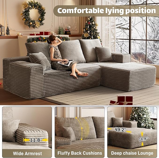 HYJT H&K Modular Sectional Sofa Cloud Couch, 107" Comfy L Shaped Sectional Couches for Living Room, Deep Seat Memory Foam Plush Fluffy Corduroy Boneless Couch Sectionals Right Facing Sofa Chaise Brown-Ruum Studio Home