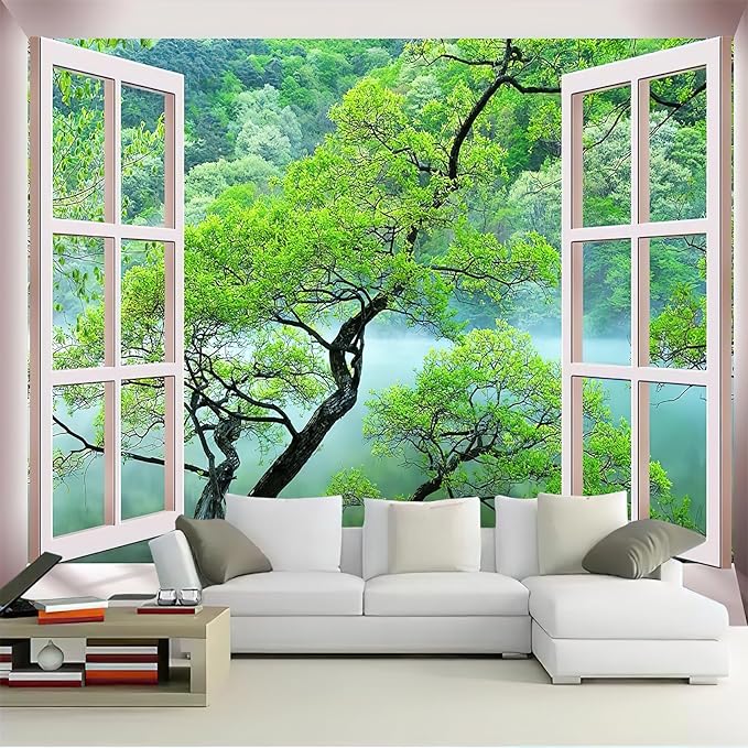 FENDROM Misty Lake Forest Tapestry Wall Hanging Nature Green Tree Landscape Window View Tapestries for Bedroom Living Room Dorm Decor-Ruum Studio Home