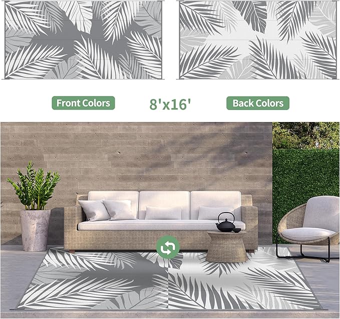 GENIMO Outdoor Rug 8' x 16' Waterproof for Patios Clearance, Reversible Outdoor Plastic Straw Camping Rug Carpet, Large Area Rugs Mats for RV, Camper, Deck, Balcony, Porch, Beach, Picnic, Grey&White-Ruum Studio Home