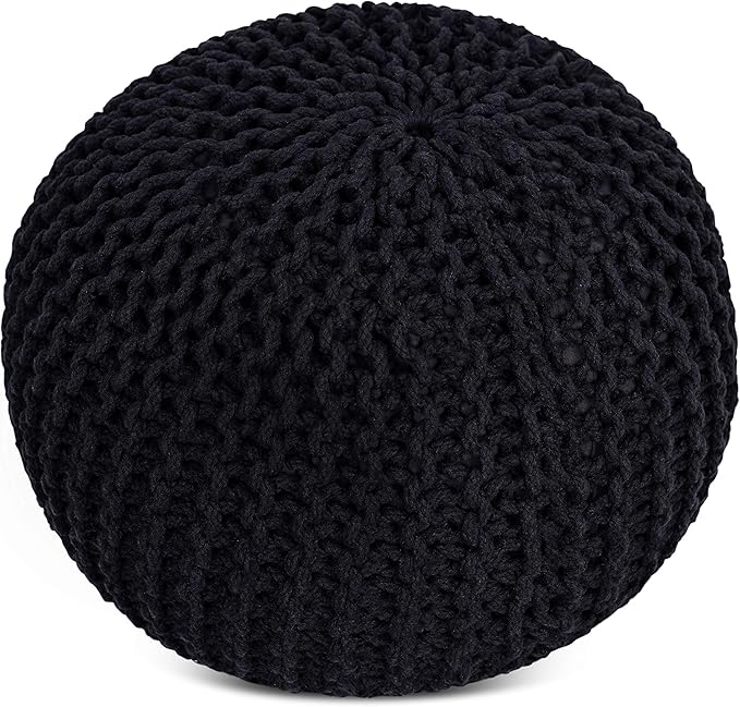 BIRDROCK HOME Round Pouf Ottoman | Cotton Braided Foot Stool with Bean Bag Filling | Boho Foot Rest for Living Room & Bedroom | Compact & Comfortable Seating, Lightweight & Soft | Black-Ruum Studio Home
