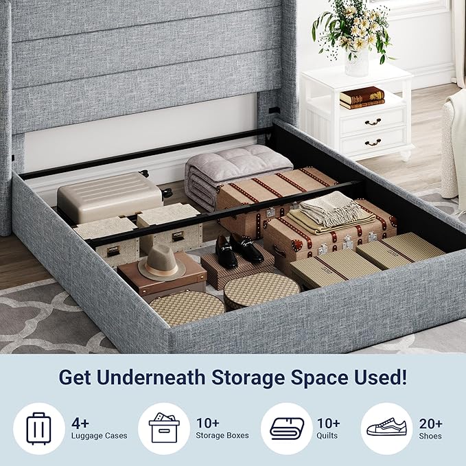 Allewie Queen Size Lift Up Storage Bed, Modern Wingback Headboard, Hydraulic Support, No Box Spring Needed, Grey Blue-Ruum Studio Home