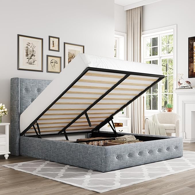 Allewie Queen Size Lift Up Storage Bed, Button Tufted Headboard with Wingback, Hydraulic Support, No Box Spring Needed, Grey Blue-Ruum Studio Home