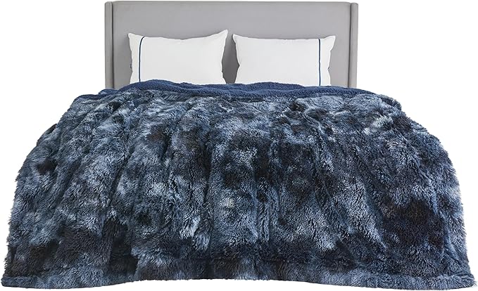 Bedsure GentleSoft Fluffy Tie Dye Navy Blue Blankets Queen Size for Bed, Thick Sherpa Faux Fur Fleece Fuzzy Plush Winter Warm Soft Queen Blankets, Bedroom Decor Blue Cozy Gifts for Women Men, 90x90-Ruum Studio Home