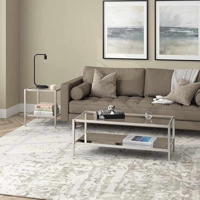 Henn&Hart 45" Wide Rectangular Coffee Table with Mirror Shelf in Satin Nickel, Coffee Table coffee tables for living room, studio apartment essentials-Ruum Studio Home